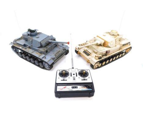 Henglong RC Battle Tanks, 1:18 scale, comprising Mk1 German Tiger and another, with one controller. (3)