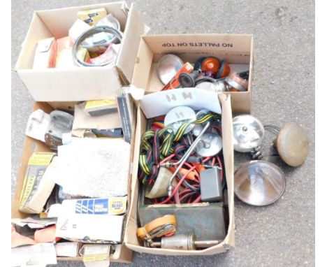 A group of automobile parts and accessories, straps, motorcycle mirrors, Nu - Texa brake linings, filters, etc. (4 boxes)
