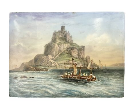 Richard Abbott: St Michael's Mount, painted oil on porcelain plaque, with 'St Michaels Mount painted by R. Abbott', inscribed