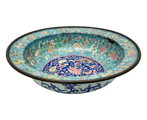 18th/19th century Chinese Canton enamel basin, the circular basin with flat everted rim, decorated with scrolling foliate and
