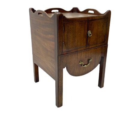 George III mahogany night commode, tray top with shaped raised sides pierced with handles, fitted with cupboard over pull-out