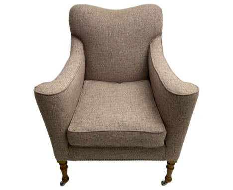 William Yeoward - traditionally shaped beech framed armchair, shaped back over shaped and rolled arms, upholstered in herring