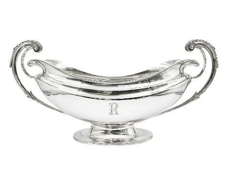 1920s silver twin-handled pedestal bowl, of navette form with twin bifurcated acanthus capped scroll handles, engraved with i