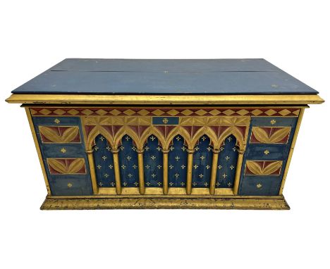 In the manner of William Burges - mid-to-late 19th century English Gothic Revival pine altar or console table, in blue and re