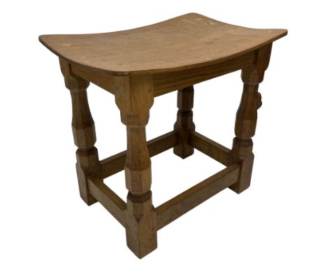 Mouseman - adzed oak joint stool, dished top on four octagonal supports united by stretchers, carved with mouse signature, by