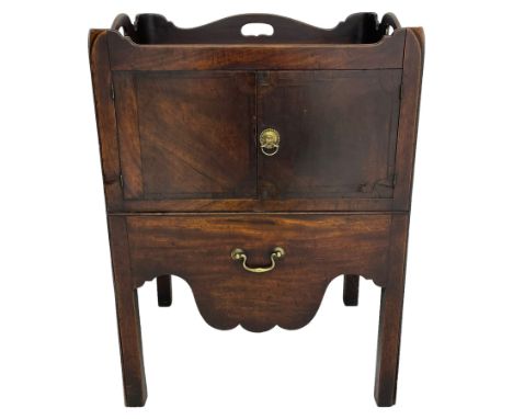 George III mahogany night commode, tray top with raised sides pierced with handles, fitted with cupboard over pull-out commod