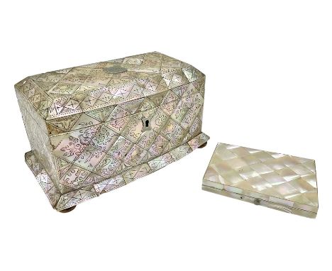 Victorian mother of pearl tea caddy, of rectangular bow-fronted form, the body with floral, bird and geometric engraved mothe