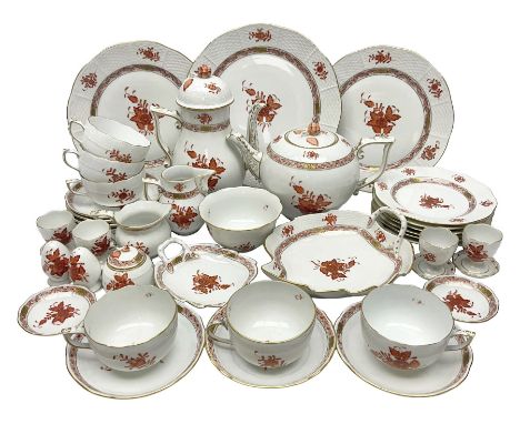 Herend Chinese Bouquet Rose pattern tea service comprising teapot, coffee pot, open sucrier, six cups and saucers, six tea pl