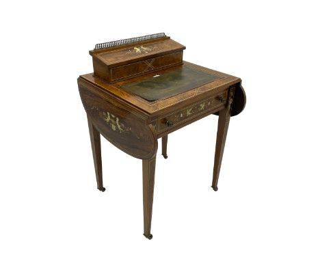 Late Victorian inlaid rosewood writing table, raised back fitted with letter and correspondence rack, hinged and sloped writi