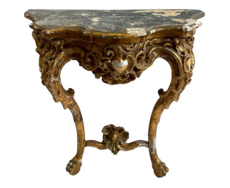 19th century giltwood console table, shaped and moulded top over cartouche and scroll carved frieze, acanthus and C-scroll ca