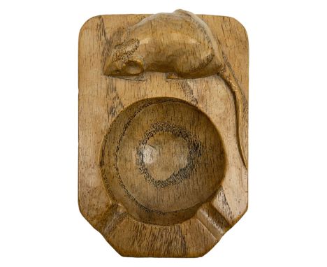 Mouseman - oak ashtray, canted rectangular form carved with mouse signature, by the workshop of Robert Thompson, KilburnDimen