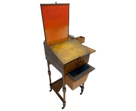 Early 19th century inlaid mahogany lady's writing Davenport, raised Gothic pointed arch gilt metal gallery enclosing lift-up 