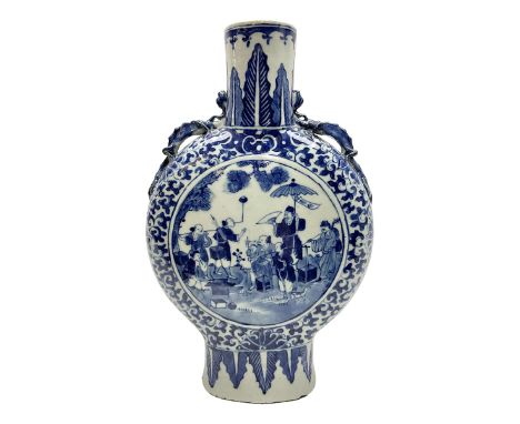 19th century Chinese blue and white moon flask vase, the central panel depicting musicians, bordered by floral, foliate and s