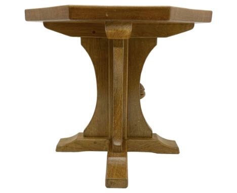 Mouseman - oak coffee table, octagonal adzed top on cruciform base, sledge feet, by the workshop of Robert Thompson, KilburnD