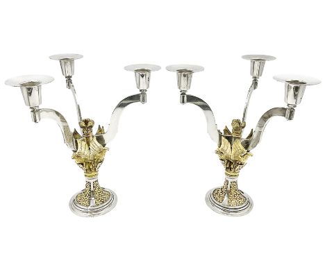 Pair of modern limited edition silver three branch candelabra, commemorating the marriage of HRH Prince Charles and Lady Dian