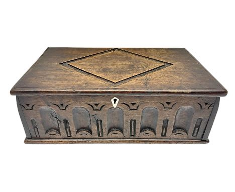 18th century oak box, the hinged lid with carved lozenge decoration, carved front with ivory escutcheon, H14cm, D23cm, L38cmT