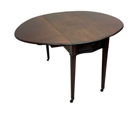 Early 19th century mahogany Pembroke table, the oval moulded drop-leaf top over drawer to each end, cocked-beaded drawer fron