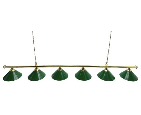Brass snooker or pool table suspended ceiling light, tubular bar frame fitted with six green finish metal conical shadesDimen