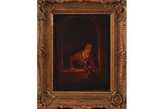Gerard Dou 19 Jahrhundert Kopie Frau Mit Leuchter Unterzeichnet Dou Ol Auf Holz 22x18cm Con