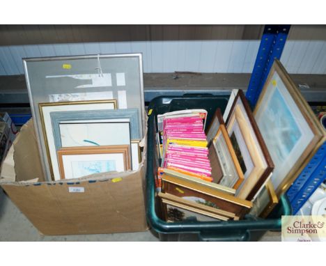 Two boxes containing various pictures and prints together with an Ordnance survey map