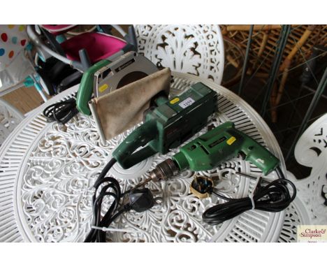 A Hitachi circular saw; a Hitachi drill and a Bosch sander 