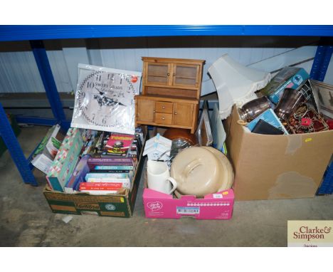 Three boxes of various sundry items to include a mantel clock; books etc