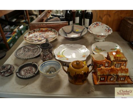 A collection of decorative china to include Price Kensington cottage ware; Japanese plate; Quimper style bowl and a Royal Dou