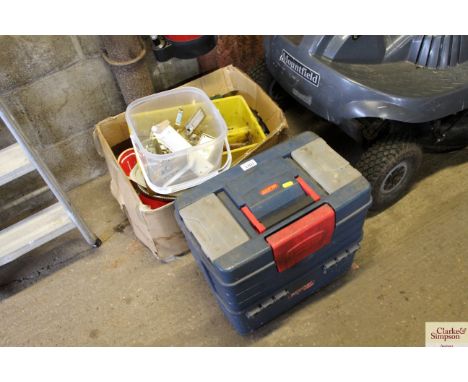 A plastic tool box; a box of various tools; door furniture etc.