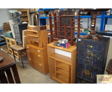 A wood effect three drawer chest, bookcase, shelf unit, pine shelf unit