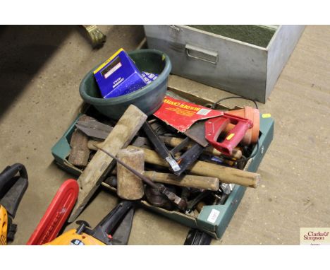 A tray box containing various tools including saws, mallets, oil cans etc.