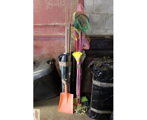 A quantity of various tools to include plastic spade, garden edgers, pond nets, dusters etc.