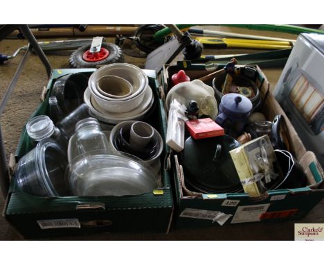 Two boxes of various kitchen glass containers, ceramic bowls, saucepans, decorations etc.