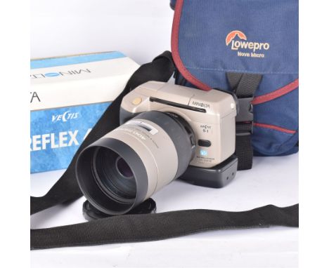 Minolta Vectis S-1 camera body, serial no. 98610281, with a Minolta Vectis V Reflex 400/8 400mm 1:8 lens, lens with box, came
