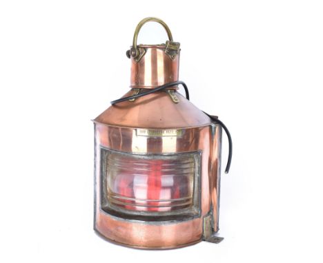 1940s copper and brass ship's corner lamp, converted to electricity, with applied plaque inscribed bow starboard patt.24, dat