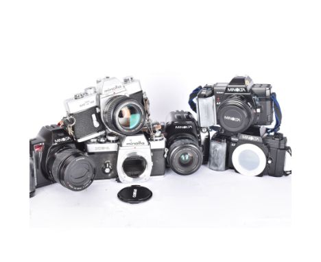 Six Minolta SLR camera bodies, comprising 7000 AF serial no. 12115735, with an AF 50mm 1:1.7 (22) lens serial no. 1148222, 90