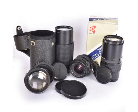Group of camera lenses, comprising Yashica AF 70-210mm 1:4.5 58mm lens serial no. F6106983, boxed, Yashica AF 35-70mm 1:3.3-4