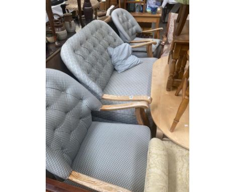An oak framed Cottage pair of chairs and 2 seater similar sofa with deep button back COLLECT ONLY 