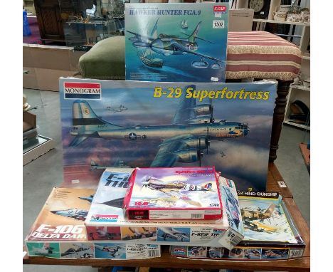 A collection of 6 boxed model kits including large Monogram B-29 super fortress COLLECT ONLYThe Hawker Hunter is partly start