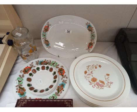 A quantity of Pyrex style dinner plates, Biltons Staffordshire cups &amp; saucers etc. 