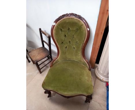A floral carved frame nursing chair with green button upholstery COLLECT ONLY 