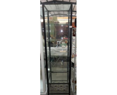 A metal framed glass display cabinet on splayed feet ( decorative metal floral base shelf, 55cm x 45cm x height 181cm)