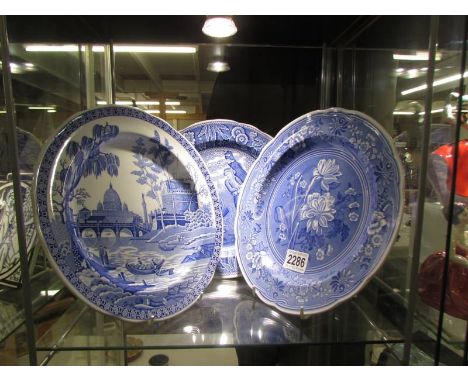 Three Spode 'The Blue Room' plates - Rome, Woodman and Botanical. 