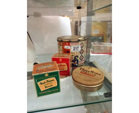 2 small sample Peak Frens biscuit tins, Three Nuns tobacco tin and one other tin.Lids come off, tins are in good condition fo