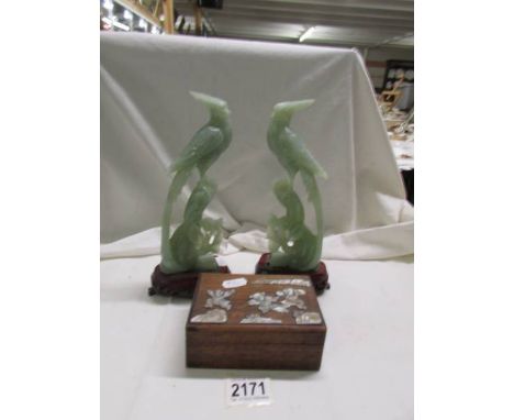 A pair of Chinese carved jade birds and a Chinese box. 