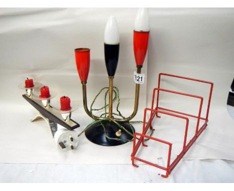 3 retro items including candlestick, electric light &amp; plate rack 