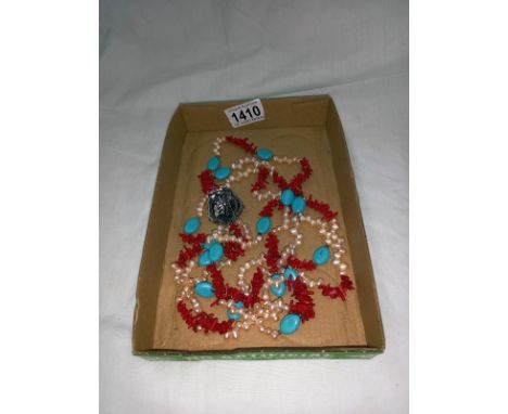A good late 20th century coral freshwater and turquoise necklace with Mother of pearl catch, 