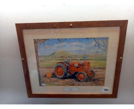 A framed and glazed print of - tractor "Nuffield at Work" by Trevor Mitchell (frame a/f) 56 x 46 cm. COLLECT ONLY. 