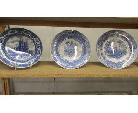 Three Spode blue and white plates, Golden Jublilee, Girl at Well and Byron groups.