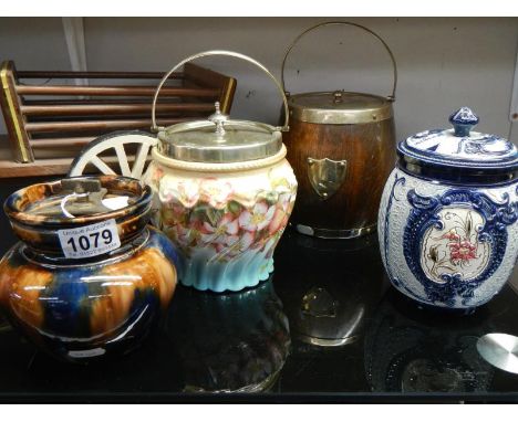 4 old china &amp; wood bisque barrels &amp; tobacco jar 