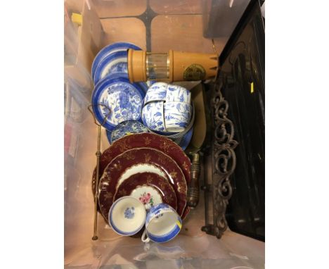A box of mixed china, modern miners lamp, shovel etc.